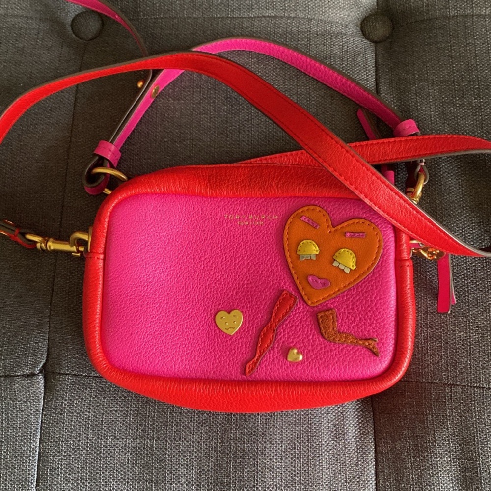 Pink and Red Crossbody Bag with Heart Accents